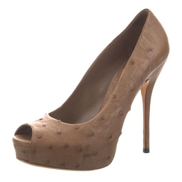 Authentic GUCCI Tan Ostrich Platform Peep Toe Shoe Sandal Size EU 38/US 7.5 - Picture 1 of 6